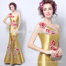Tradicional Vestidos de noite Fornal Golden Yellow Handmade Embroidered Mermaid Formal Party Dress Um ombro